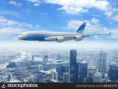 White passenger plane flying in the day blue sky above a city