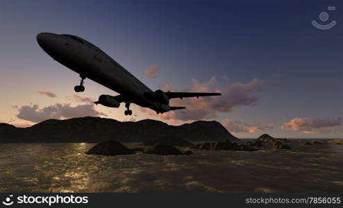 White passenger plane flying in the sky made in 3d software