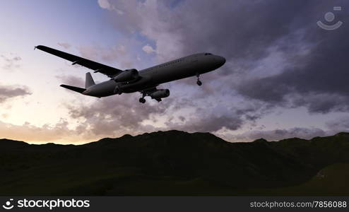 White passenger plane flying in the sky made in 3d software