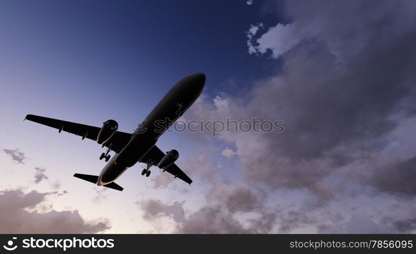 White passenger plane flying in the sky made in 3d software