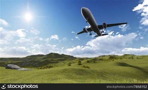 White passenger plane flying in the sky made in 3d software