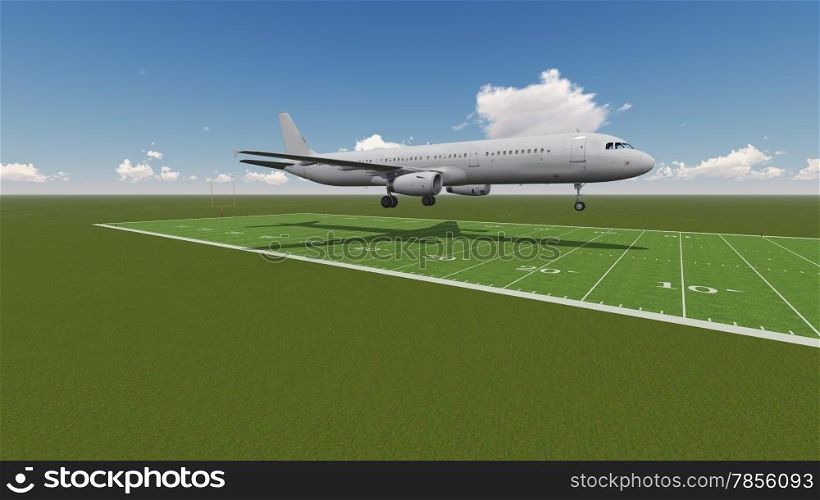 White passenger plane flyinglanding on ragby field made in 3d software