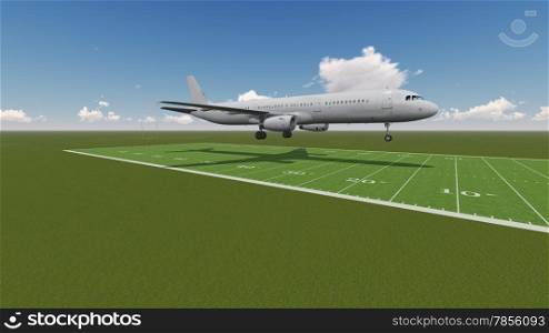 White passenger plane flyinglanding on ragby field made in 3d software