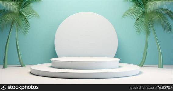 White pedestal circle surrounded by palm trees. There is space to place products.