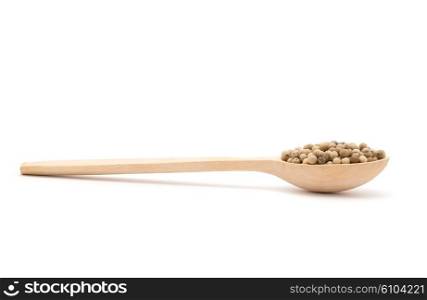 white peppercorns in wooden spoon
