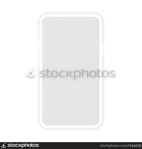 White Phone Mockup with blank screen, isolated on white background. Smartphone with shadow vector icon. New version of soft clean white mobile phone. Vector illustration