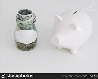 white piggybank open coin jar white background