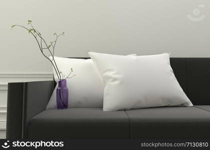 White pillows and plants on black sofa. 3D rendering