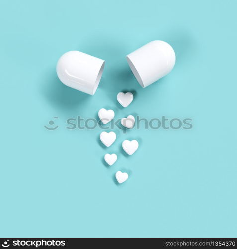 White Pills heart concept idea on green color background. Minimal valentine ideas. 3D Render.