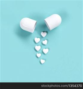 White Pills heart concept idea on green color background. Minimal valentine ideas. 3D Render.