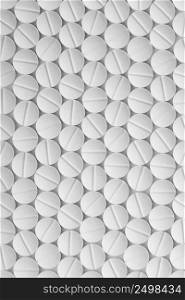 White pills on white background. Tablets pattern macro. Drugs abstract background top view.
