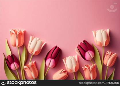 White pink tulips on pink background, AI Generative