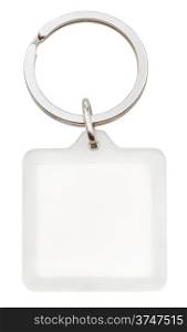 white plastic blank square keychain on ring isolated on white background