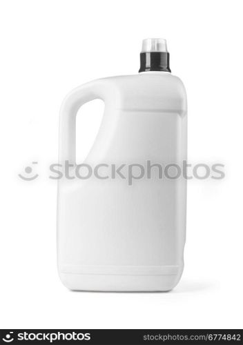 White plastic bottle for liquid laundry detergent, cleaning agent, bleach or fabric softener. Packaging collection. WITH CLIPPING PATH