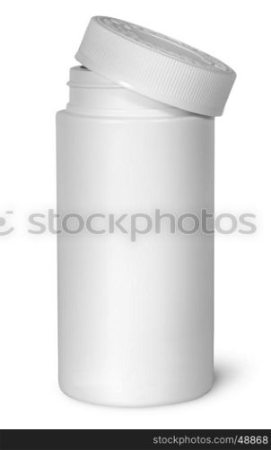 White plastic bottle for vitamins with lid removed isolated on white background
