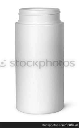 White plastic bottle for vitamins without lid isolated on white background