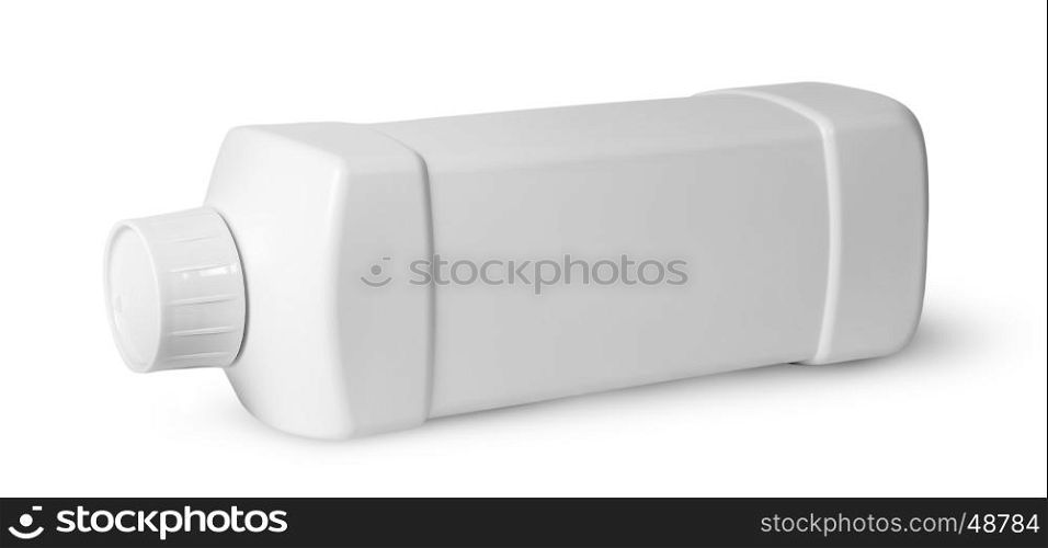 White plastic bottle of detergent horizontally isolated on white background