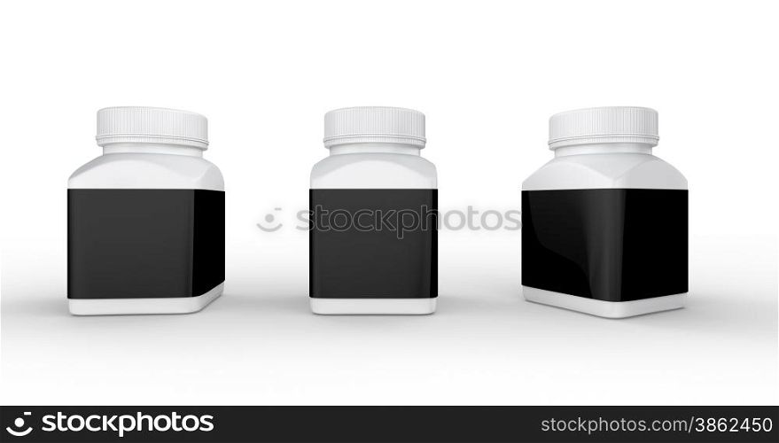 White plastic bottle with black label packaging ,clipping path included. for medical and healthcare product.&#xA;