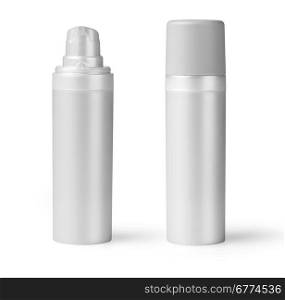 White plastic bottle with fine mist ribbed sprayer for cosmetic, perfume, deodorant, freshener.