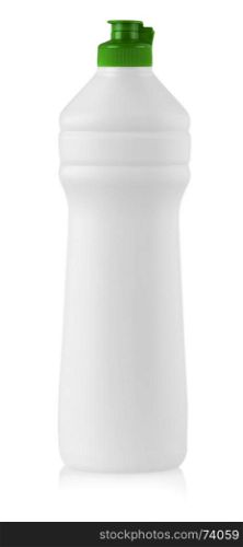 White plastic bottle with liquid laundry detergent, cleaning agent, bleach or fabric softener isolated on white background