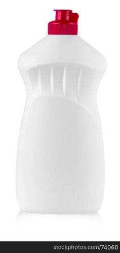 White plastic bottle with liquid laundry detergent, cleaning agent, bleach or fabric softener isolated on white background
