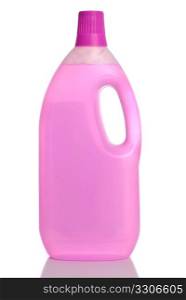 White plastic bottle with pink liquid on white background.