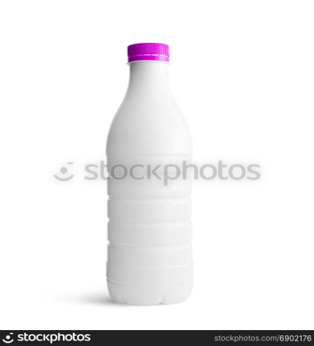 White plastic bottle with violet cap isolated on white background. With clipping path