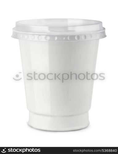 White plastic container of sour cream isolated on white