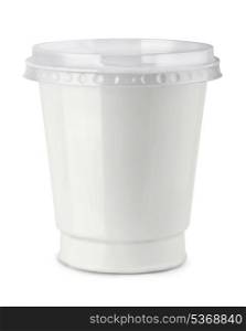 White plastic container of sour cream isolated on white