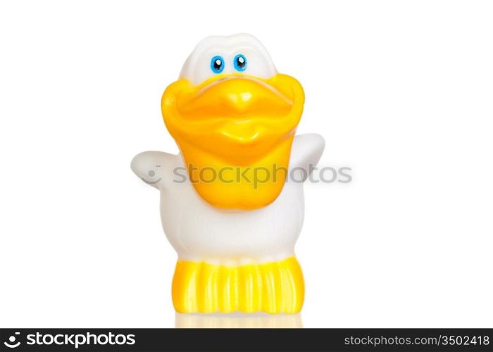 White plastic pelican isolated on a over white background
