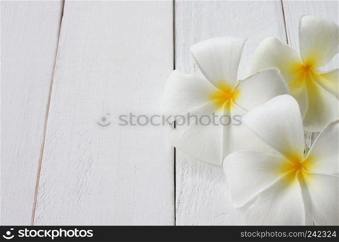 White Plumeria are placed on white wooden floor and have copy space.
