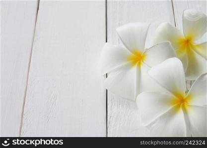 White Plumeria are placed on white wooden floor and have copy space.