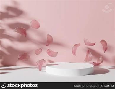 White podium with flying flowers petals on the pink background. 3D rendering. Elegant podium for product, cosmetic presentation. Mock up. Pedestal or platform for beauty products. White podium with flying flowers petals on the pink background. 3D rendering. Elegant podium for product, cosmetic presentation. Mock up. Pedestal or platform for beauty products.