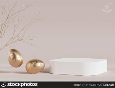 White podium with golden Easter eggs and copy space. Modern stage for product, cosmetic presentation. Easter mock up. Pedestal, platform for beauty products. Empty scene. Display, showcase. 3D render. White podium with golden Easter eggs and copy space. Modern stage for product, cosmetic presentation. Easter mock up. Pedestal, platform for beauty products. Empty scene. Display, showcase. 3D render.