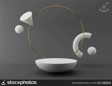 White podium with golden ring and flying white simple 3D forms on gray background. 3D rendering. Elegant podium for product, cosmetic presentation. Mock up. Pedestal or platform for beauty products. White podium with golden ring and flying white simple 3D forms on gray background. 3D rendering. Elegant podium for product, cosmetic presentation. Mock up. Pedestal or platform for beauty products.