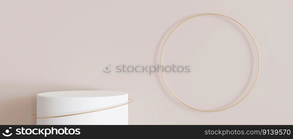 White podium with golden ring on beige background. Elegant stage for product, cosmetic presentation. Luxury mock up. Pedestal, platform for beauty products. Empty scene. Display, showcase. 3D render. White podium with golden ring on beige background. Elegant stage for product, cosmetic presentation. Luxury mock up. Pedestal, platform for beauty products. Empty scene. Display, showcase. 3D render.