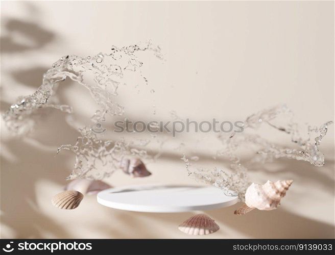 White podium with water splash and sea shells on cream background. Beautiful mock up for product, cosmetic presentation. Pedestal or platform for beauty products. Empty scene, stage. 3D rendering. White podium with water splash and sea shells on cream background. Beautiful mock up for product, cosmetic presentation. Pedestal or platform for beauty products. Empty scene, stage. 3D rendering.