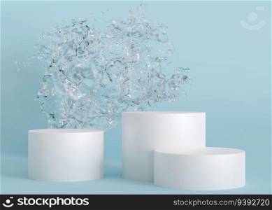 White podiums with water splash on blue background. Mock up for product, cosmetic presentation. Pedestal or platform for beauty products. Empty scene. Stage, display, showcase. 3D rendering. White podiums with water splash on blue background. Mock up for product, cosmetic presentation. Pedestal or platform for beauty products. Empty scene. Stage, display, showcase. 3D rendering.
