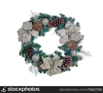 White Poinsettia flower and pine cone Christmas wreath isolated on white background.