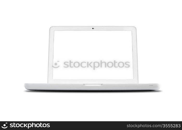 white portable computer with clipping path, white screen, made with prime tilt-shift lens