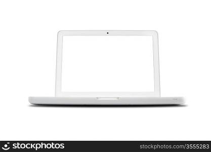 white portable computer with clipping path, white screen, made with prime tilt-shift lens