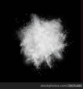 White powder explosion isolated on black background
