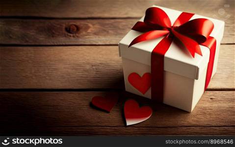 White present box with red ribbon and hearts on a wooden background. Valentine’s Day or wedding day , or mother s day, romantic background for party, events, presentation or promotion banner, posters. Generative AI