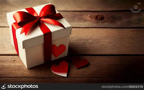 White present box with red ribbon and hearts on a wooden background. Valentine’s Day, or mother s day, romantic background for party, banner, posters. Generative AI