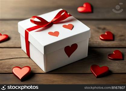 White present box with red ribbon and hearts on a wooden background. Generative AI