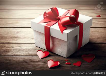 White present box with red ribbon and hearts on a wooden background. Generative AI
