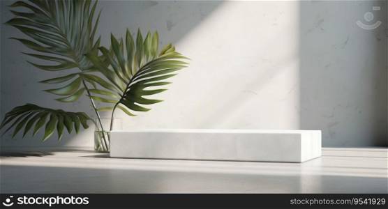 White product display podium with nature palm leaves. Generative AI.. White product display podium with nature palm leaves. Generative AI
