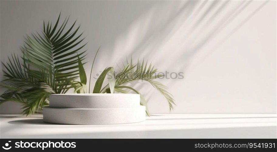 White product display podium with nature palm leaves. Generative AI.. White product display podium with nature palm leaves. Generative AI