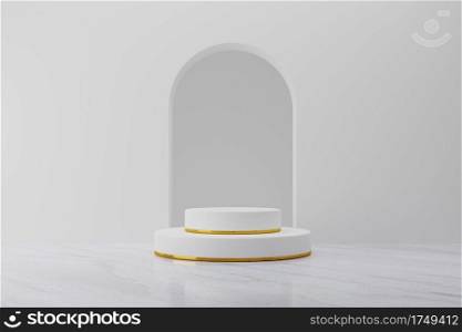 White product podium stage mockup with gold ring background. Abstract minimal geometry concept. Exhibition and business marketing presentation. 3D illustration rendering graphic design