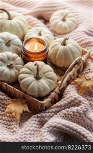 White pumpkins and autumn leaves on a wicker tray. Autumn home decor.